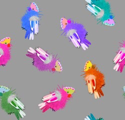 Obraz premium Abstract Hand Drawing Tropical Fluffy Cute Parrots Seamless Pattern Isolated Background