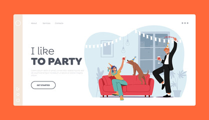 Young Characters Celebrate Home Party Landing Page Template. People Sitting at Couch in Living Room with Funny Dog