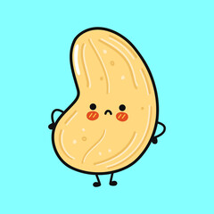 Cute sad cashew character. Vector hand drawn cartoon kawaii character illustration icon. Isolated on blue background. Cashew character concept