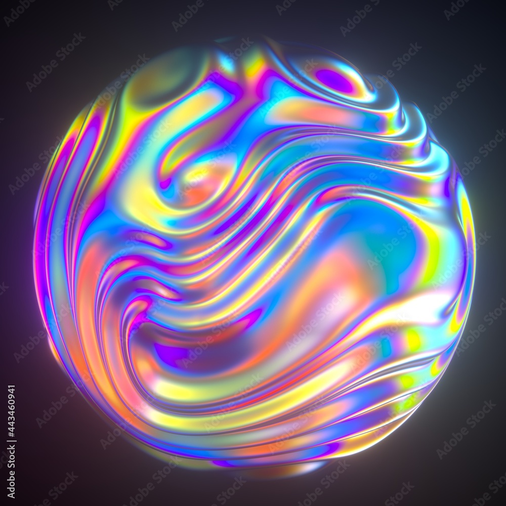 Poster Abstract holographic sphere with rippled and glitched surface. 3D illustration in retrofuturistic synthwave style.