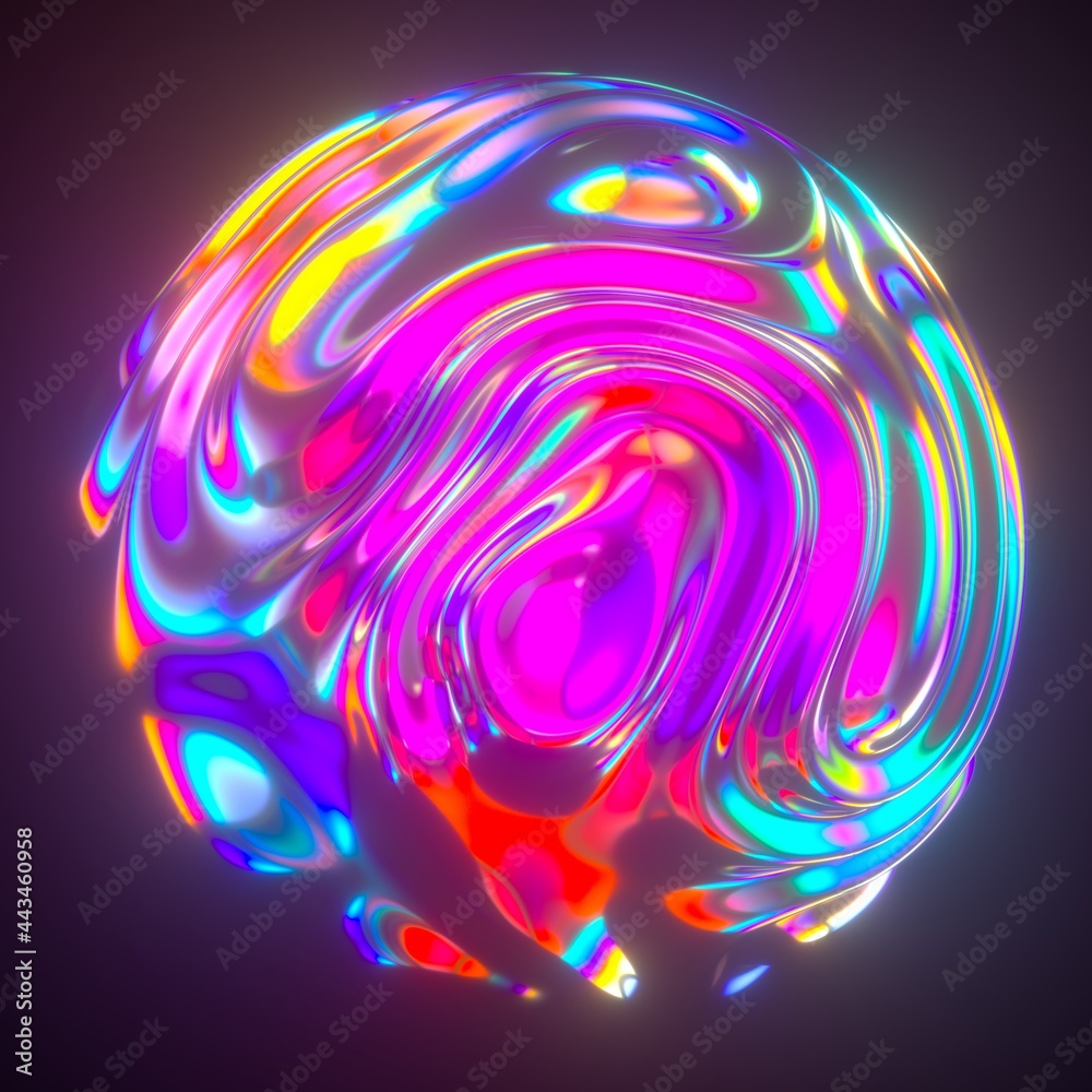 Aufkleber Abstract holographic sphere with rippled and glitched surface. 3D illustration in retrofuturistic synthwave style.
