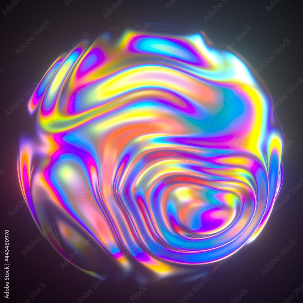 Poster Abstract holographic sphere with rippled and glitched surface. 3D illustration in retrofuturistic synthwave style.