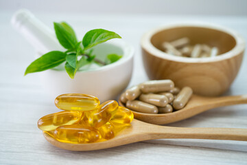 Alternative medicine herbal organic capsule with vitamin E omega 3 fish oil, mineral, drug with...