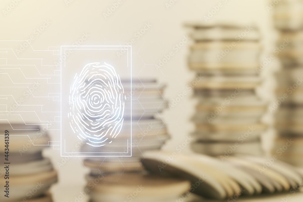 Aufkleber Multi exposure of virtual graphic fingerprint sketch on coins background, fingerprint scan data concept