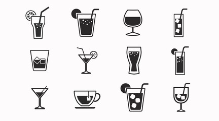 Drinks Icon Set. Vector isolated back and white set of different drinks