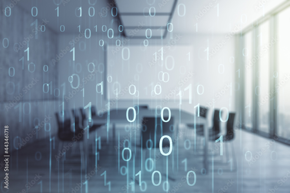 Poster abstract virtual binary code illustration on a modern conference room background. big data and codin