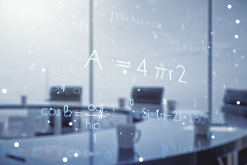 Scientific formula illustration on a modern coworking room background, science and research concept. Multiexposure