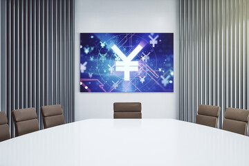 Creative concept of Japanese Yen symbol illustration on presentation screen in a modern conference room. Trading and currency concept. 3D Rendering