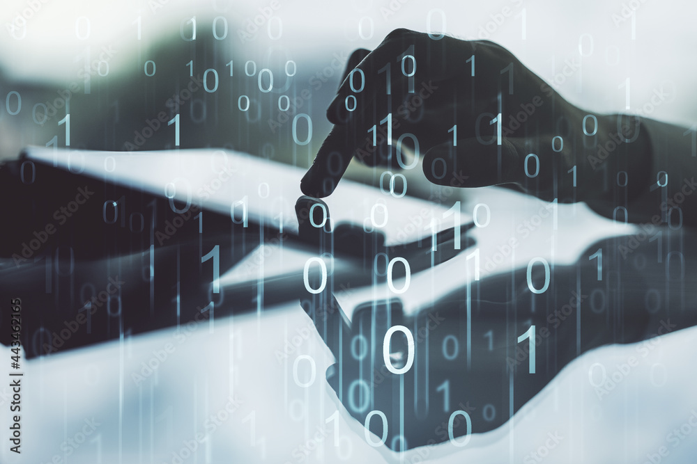 Poster creative concept of binary code illustration and finger clicks on a digital tablet on background. bi