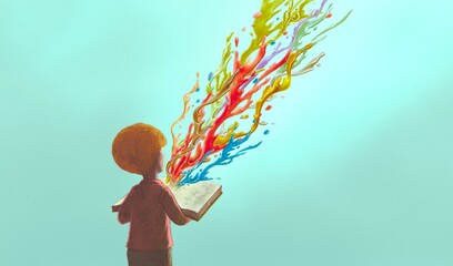 Book of imagination with a boy, Education learning dream hope inspiration concept idea, surreal painting. Fantasy art, conceptual artwork, happiness of child , 3d illustration © Jorm Sangsorn