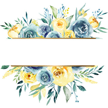 Watercolor teal and yellow floral frames boho style, Turquoise and yellow golden borders for wedding invitation, printing, t-shirts, apparel, nursery