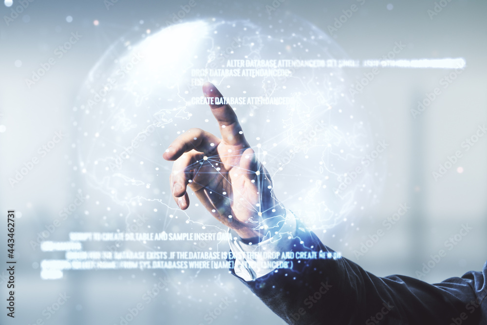 Aufkleber multi exposure of programmer's hand clicks on abstract graphic coding sketch and world map on blurre