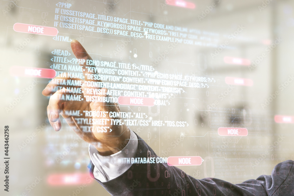 Poster multi exposure of developer's hand working with abstract creative coding sketch on blurred office ba