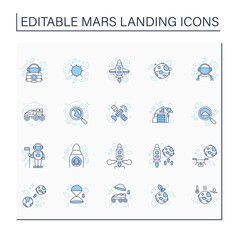 Mars landing line icons set. Uninhabited planet. Researching sample. Exploring New Planet. Cosmos concept.Isolated vector illustrations. Editable stroke