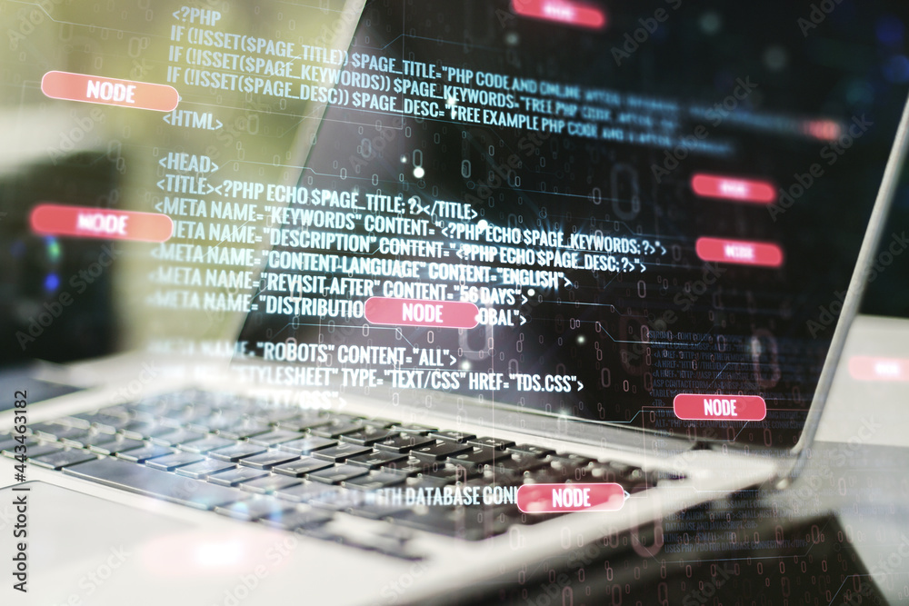 Poster double exposure of abstract creative programming illustration on computer background, big data and b