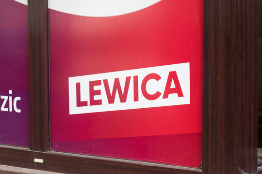 Gorzow Wielkopolski, Poland - June 1, 2021: Logo and sign of Lewica. Lewica parliamentary club Sojuszu Lewicy Demokratycznej and Unia Pracy.