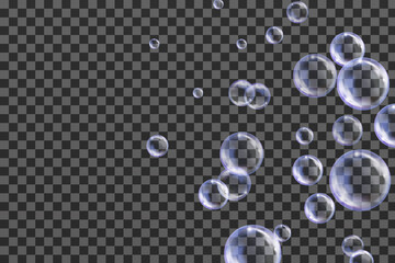 Flying transparent soap bubbles on checkered background.