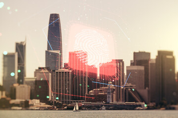 Multi exposure of virtual creative fingerprint hologram on San Francisco skyscrapers background, personal biometric data concept