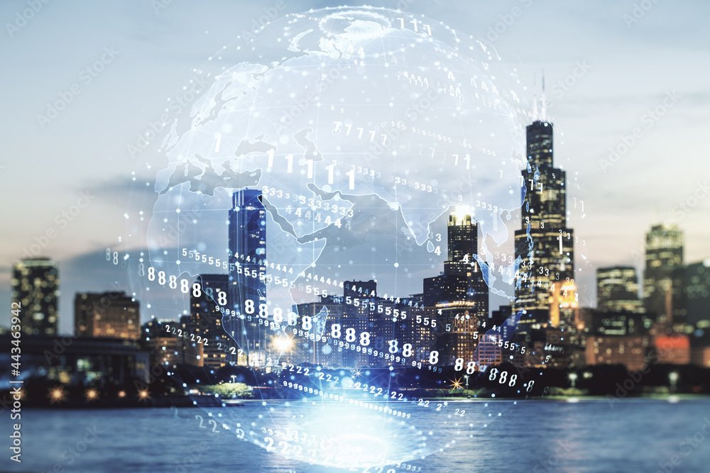 Poster multi exposure of abstract graphic coding sketch and world map on chicago cityscape background, big 