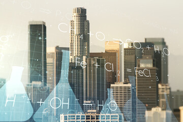 Abstract virtual chemistry illustration on Los Angeles cityscape background, science and research concept. Multiexposure