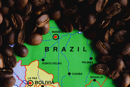 Coffee beans on a map of Brazil 