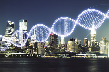 DNA hologram on New York cityscape background, science and biology concept. Multiexposure