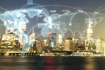 Abstract graphic digital world map hologram with connections on New York cityscape background, globalization concept. Multiexposure