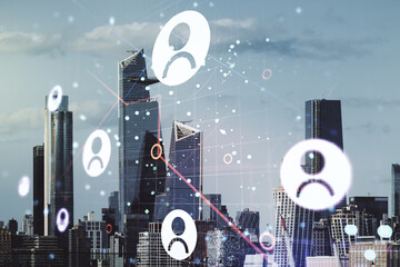 Double exposure of abstract virtual social network icons on New York city skyscrapers background. Marketing and promotion concept