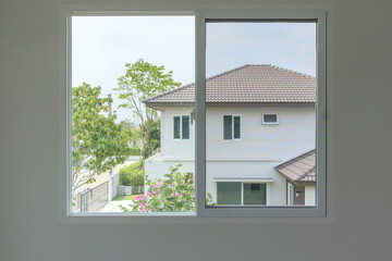 Glass window frame house interior on white wall