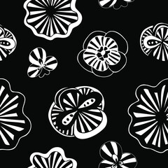 Doodle flowers black and white seamless pattern, hand-drawn flowers repeat pattern, funky doodle flowers