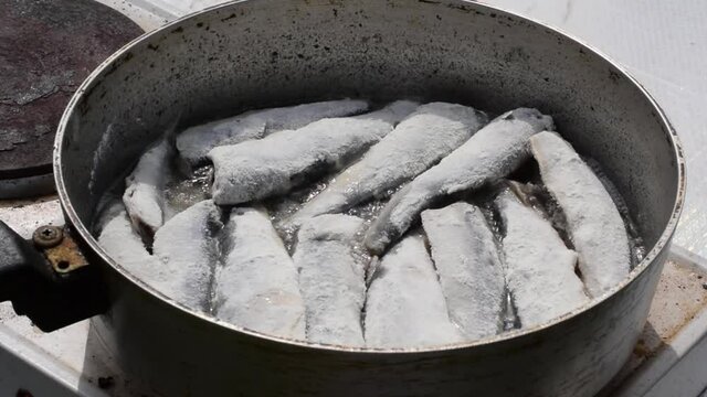 Frying breaded vendace fish in pan on portable electric stove outdoors. Cooking outside in summer. Zoom out