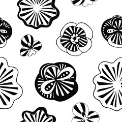Doodle flowers black and white seamless pattern, hand-drawn flowers repeat pattern, funky doodle flowers