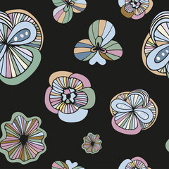 Funky doodle flowers in pastel colors seamless pattern, hand-drawn flowers repeat pattern, funky doodle flowers, striped fantasy blossoms, floral pattern on dark background