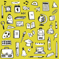 Vector set of white doodle hand drawn study supply, objects for learning at school or university