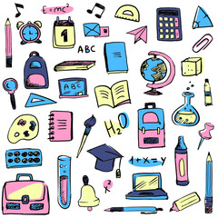 Vector set of colored isolated doodle hand drawn study supply, objects for learning at school or university