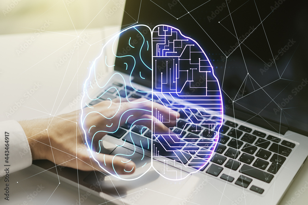 Wall mural double exposure of creative human brain microcircuit with hand typing on computer keyboard on backgr