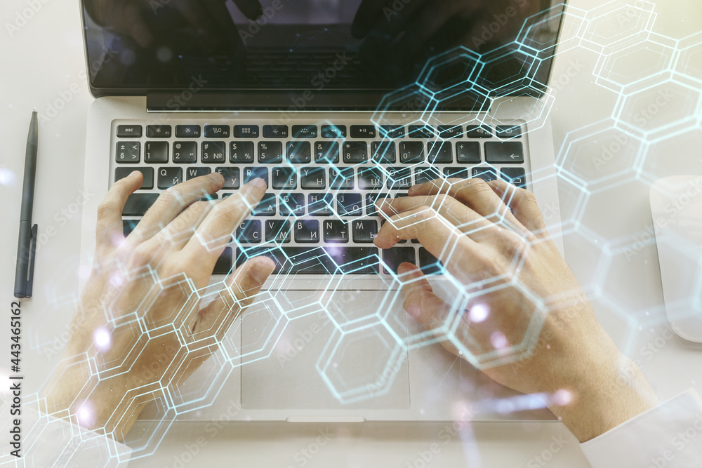 Poster creative abstract technology sketch with hexagon grid and hands typing on computer keyboard on backg