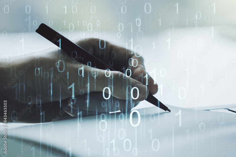 Leinwandbilder Creative concept of binary code illustration and man hand writing in notebook on background. Big data and coding concept. Multiexposure