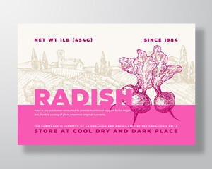 Radish Label Template. Abstract Vector Packaging Design Layout. Modern Typography Banner with Hand Drawn Vegetables and Rural Landscape Background. Isolated