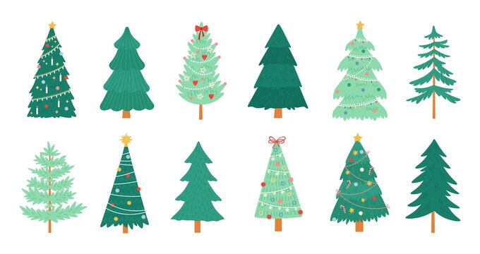 Christmas trees. Merry xmas decorated tree with candles, candy, toys, star and tinsel. New Year traditional winter holiday pine vector set