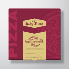 Pizza with Spicy Bacon Realistic Cardboard Box Mockup. Abstract Vector Packaging Design or Label. Modern Typography, Sketch Food and Color Paper Background Layout. Isolated