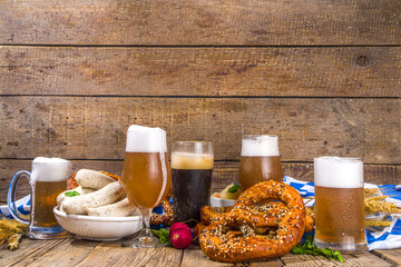 Oktoberfest food background, Traditional bavarian holiday food menu, sausages with pretzels,...