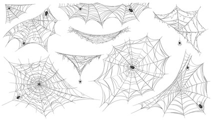 Obraz premium Spider web silhouette. Hanging cobweb with venom spiders for horror helloween decor. Spooky spiderweb element, net trap in corner vector set
