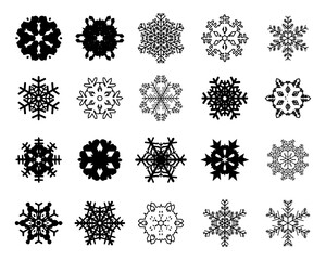 Set of different black snowflakes on a white background