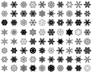 Set of different black snowflakes on a white background