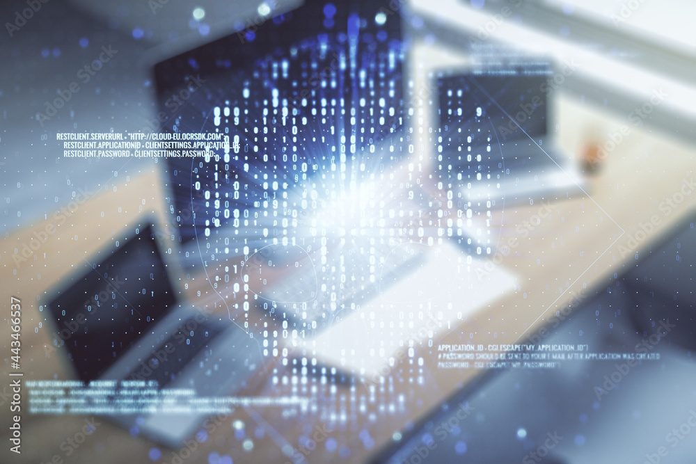 Poster creative code skull hologram and modern desktop with pc on background, cybercrime and hacking concep