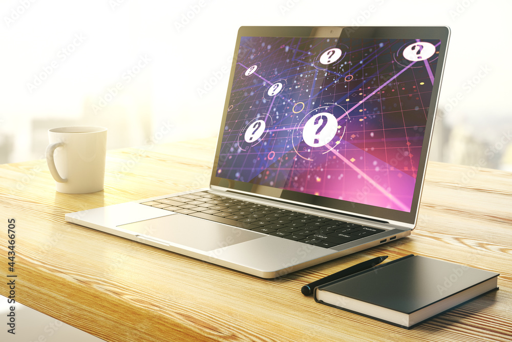 Aufkleber Modern computer monitor with question mark hologram. Sociology and psychology concept. 3D Rendering