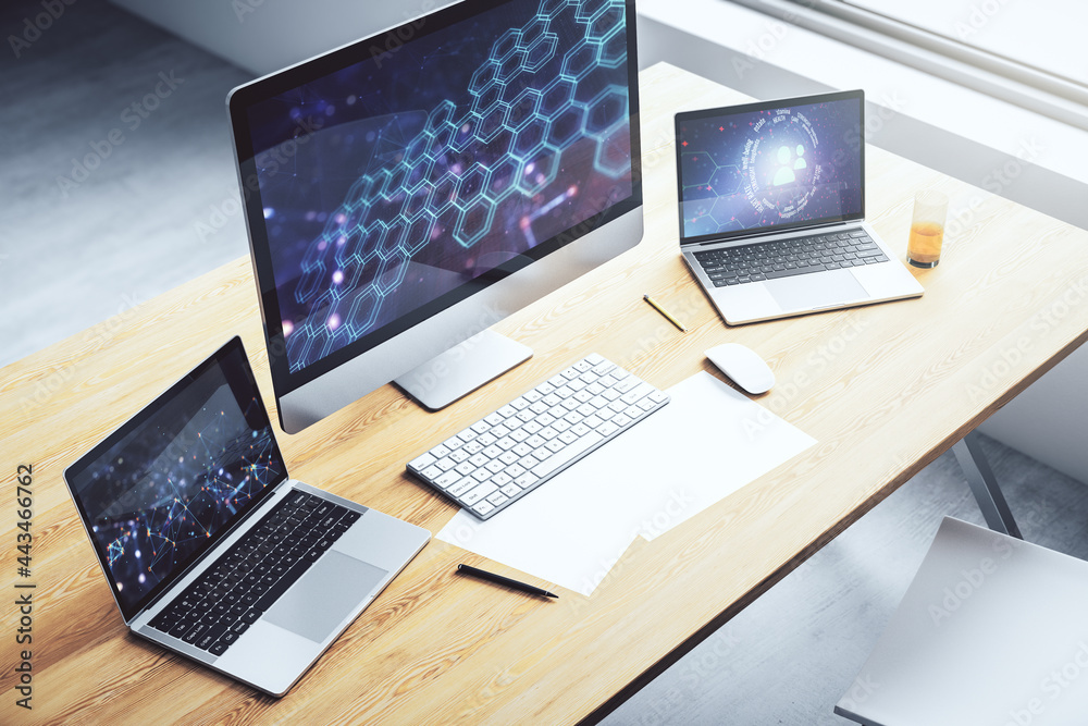 Aufkleber creative abstract technology sketch with hexagon grid on modern laptop monitor, future technology an