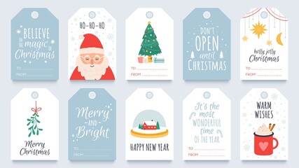 Christmas tag. Merry winter holidays gift tags with greetings, santa, mistletoe and tree. Happy new year and xmas present labels vector set