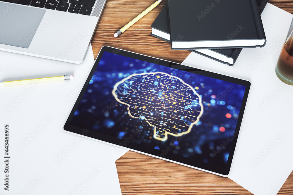 Poster Creative artificial Intelligence concept with human brain sketch on modern digital tablet display. Top view. 3D Rendering